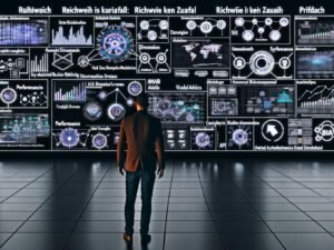Futuristischer, dunkler Redaktionsraum mit digitalen Dashboards, Medienanalysen und vernetztem Editor vor leuchtendem Schriftzug 'Reichweite ist kein Zufall'.
