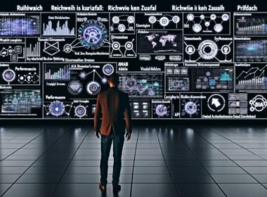 Futuristischer, dunkler Redaktionsraum mit digitalen Dashboards, Medienanalysen und vernetztem Editor vor leuchtendem Schriftzug 'Reichweite ist kein Zufall'.