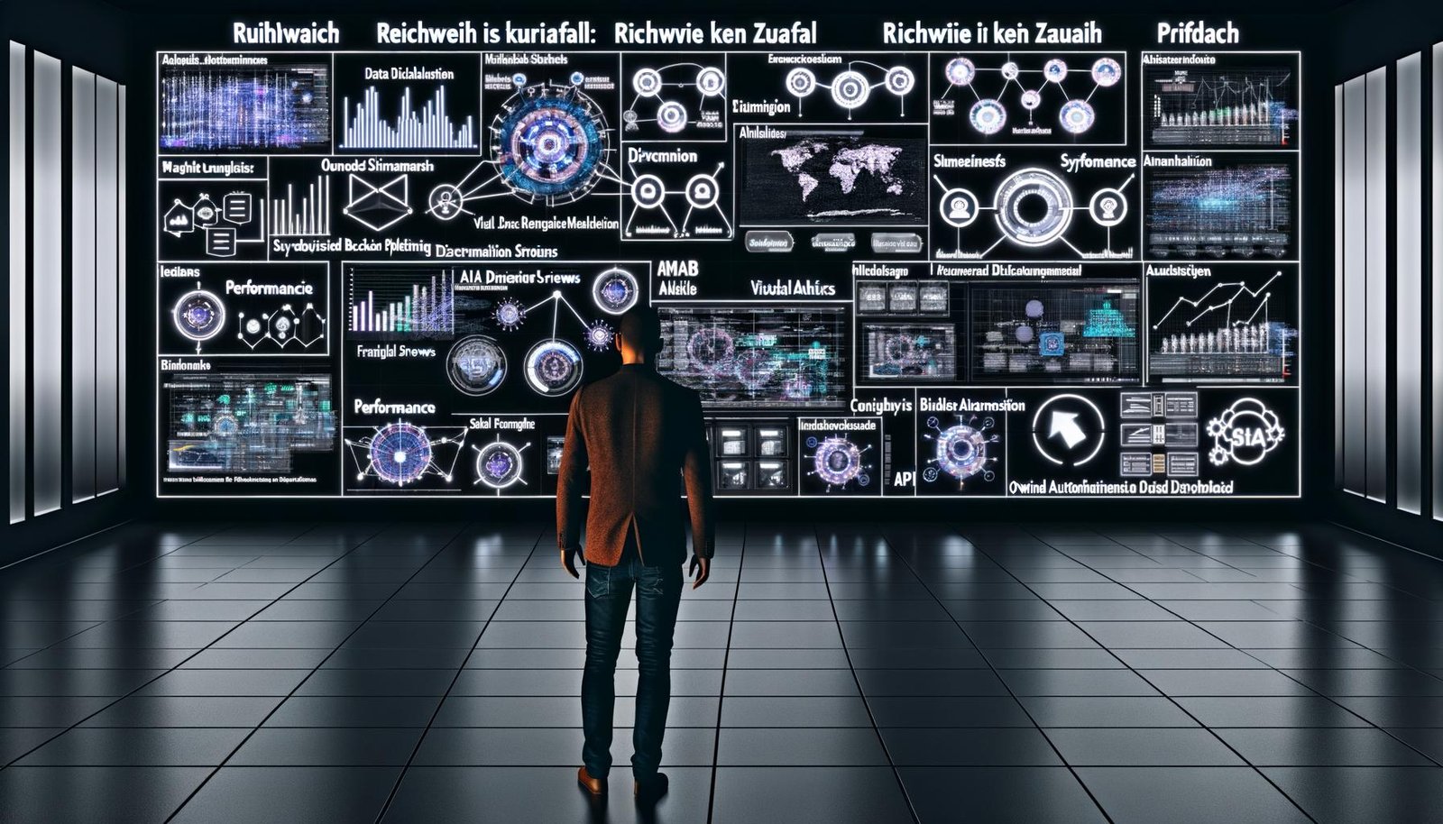 Futuristischer, dunkler Redaktionsraum mit digitalen Dashboards, Medienanalysen und vernetztem Editor vor leuchtendem Schriftzug 'Reichweite ist kein Zufall'.