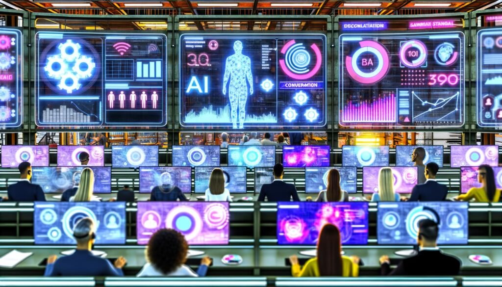 Futuristischer Maschinenraum mit digitalen Dashboards, holografischen Interfaces, KI-Visualisierungen und dynamischen Native-Ad-Formaten im industriellen, modernen Look.