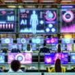 Futuristischer Maschinenraum mit digitalen Dashboards, holografischen Interfaces, KI-Visualisierungen und dynamischen Native-Ad-Formaten im industriellen, modernen Look.