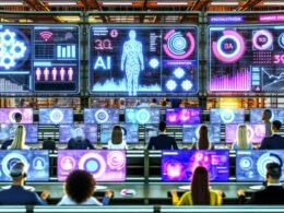 Futuristischer Maschinenraum mit digitalen Dashboards, holografischen Interfaces, KI-Visualisierungen und dynamischen Native-Ad-Formaten im industriellen, modernen Look.