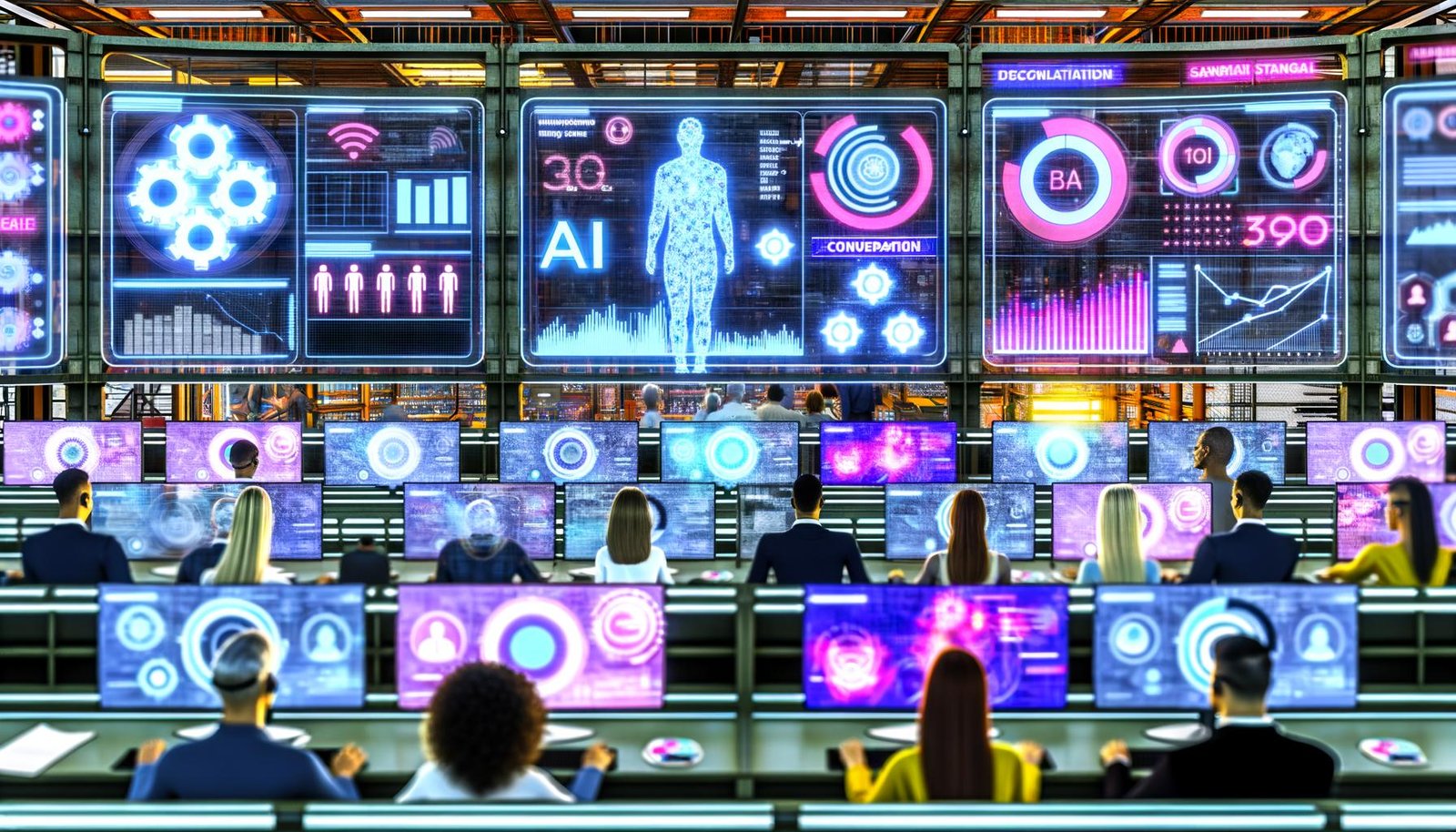 Futuristischer Maschinenraum mit digitalen Dashboards, holografischen Interfaces, KI-Visualisierungen und dynamischen Native-Ad-Formaten im industriellen, modernen Look.