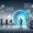 Dynamische, moderne Illustration eines Marketing-Teams um einen leuchtenden Daten-Hub, mit Datenströmen, KPIs und digitalen Kanälen, kontrastiert von gescheiterten Kampagnen im Hintergrund.