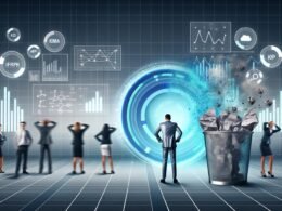 Dynamische, moderne Illustration eines Marketing-Teams um einen leuchtenden Daten-Hub, mit Datenströmen, KPIs und digitalen Kanälen, kontrastiert von gescheiterten Kampagnen im Hintergrund.