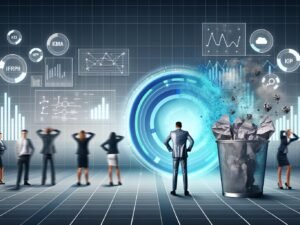 Dynamische, moderne Illustration eines Marketing-Teams um einen leuchtenden Daten-Hub, mit Datenströmen, KPIs und digitalen Kanälen, kontrastiert von gescheiterten Kampagnen im Hintergrund.