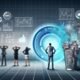 Dynamische, moderne Illustration eines Marketing-Teams um einen leuchtenden Daten-Hub, mit Datenströmen, KPIs und digitalen Kanälen, kontrastiert von gescheiterten Kampagnen im Hintergrund.