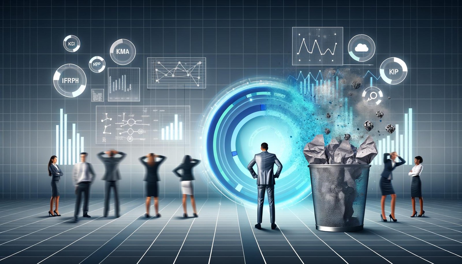 Dynamische, moderne Illustration eines Marketing-Teams um einen leuchtenden Daten-Hub, mit Datenströmen, KPIs und digitalen Kanälen, kontrastiert von gescheiterten Kampagnen im Hintergrund.