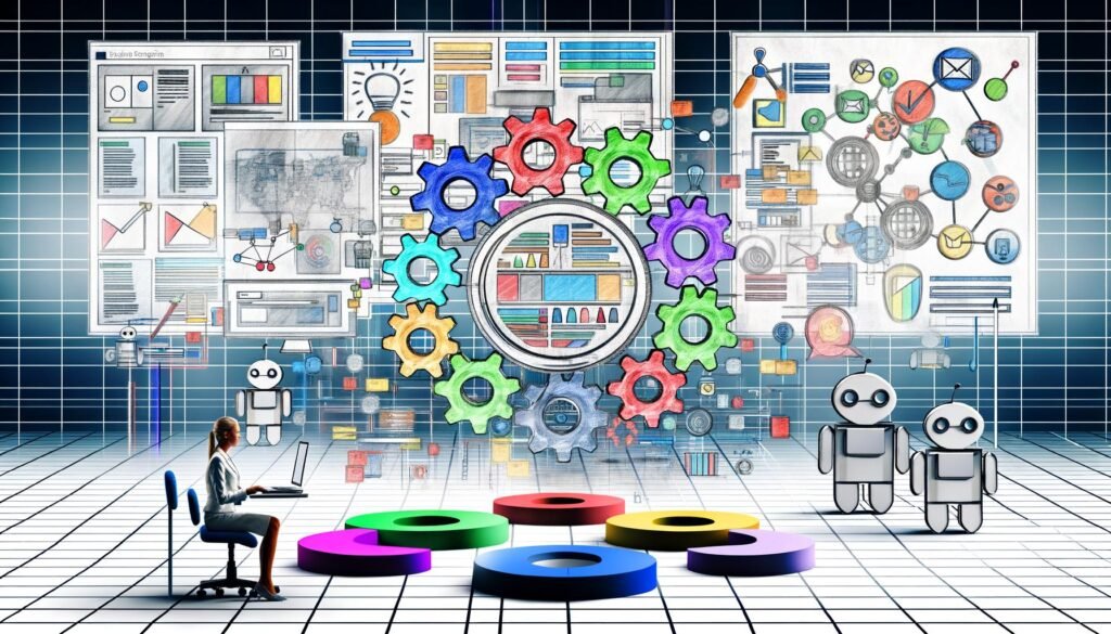 Illustration einer digitalen Redaktionsküche mit Content-Bausteinen, Framework, Core-Cluster-Modell und SEO-Robotern, eine Person arbeitet strategisch am Laptop