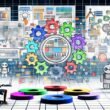 Illustration einer digitalen Redaktionsküche mit Content-Bausteinen, Framework, Core-Cluster-Modell und SEO-Robotern, eine Person arbeitet strategisch am Laptop