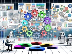 Illustration einer digitalen Redaktionsküche mit Content-Bausteinen, Framework, Core-Cluster-Modell und SEO-Robotern, eine Person arbeitet strategisch am Laptop