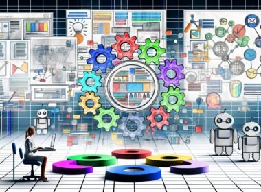 Illustration einer digitalen Redaktionsküche mit Content-Bausteinen, Framework, Core-Cluster-Modell und SEO-Robotern, eine Person arbeitet strategisch am Laptop