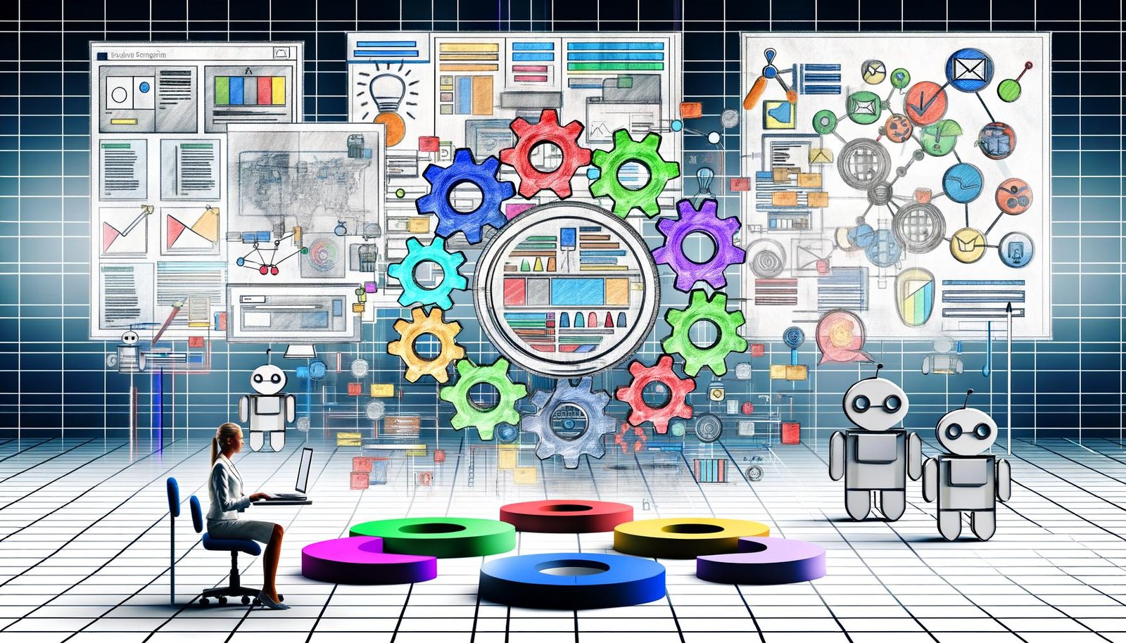 Illustration einer digitalen Redaktionsküche mit Content-Bausteinen, Framework, Core-Cluster-Modell und SEO-Robotern, eine Person arbeitet strategisch am Laptop