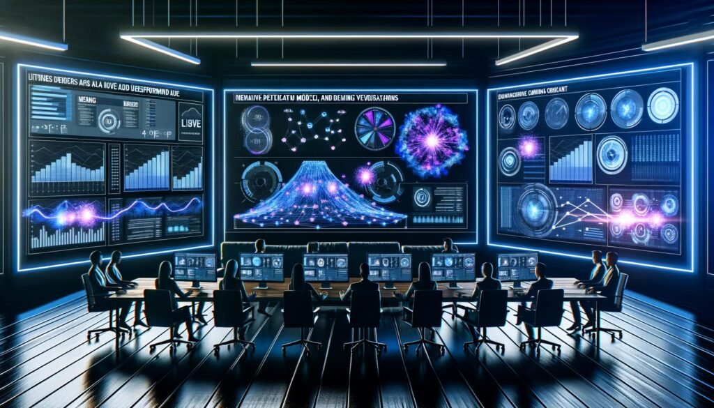 Ein Marketing-Team sitzt an einem langen Tisch im modernen Kontrollraum, umgeben von Monitoren mit Live-Daten-Dashboards, neuronalen Netzwerken und einem zentralen Predictive-Modell. Neonfarbene Linien, fließende Datenströme und ein dezentes Amazon-Logo prägen die Szene.