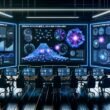 Ein Marketing-Team sitzt an einem langen Tisch im modernen Kontrollraum, umgeben von Monitoren mit Live-Daten-Dashboards, neuronalen Netzwerken und einem zentralen Predictive-Modell. Neonfarbene Linien, fließende Datenströme und ein dezentes Amazon-Logo prägen die Szene.