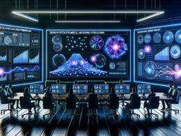 Ein Marketing-Team sitzt an einem langen Tisch im modernen Kontrollraum, umgeben von Monitoren mit Live-Daten-Dashboards, neuronalen Netzwerken und einem zentralen Predictive-Modell. Neonfarbene Linien, fließende Datenströme und ein dezentes Amazon-Logo prägen die Szene.