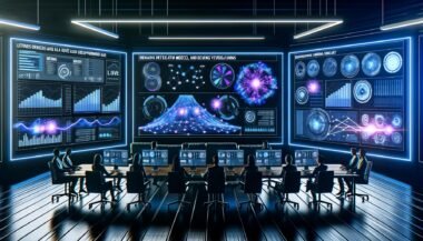 Ein Marketing-Team sitzt an einem langen Tisch im modernen Kontrollraum, umgeben von Monitoren mit Live-Daten-Dashboards, neuronalen Netzwerken und einem zentralen Predictive-Modell. Neonfarbene Linien, fließende Datenströme und ein dezentes Amazon-Logo prägen die Szene.