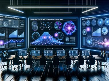 Ein Marketing-Team sitzt an einem langen Tisch im modernen Kontrollraum, umgeben von Monitoren mit Live-Daten-Dashboards, neuronalen Netzwerken und einem zentralen Predictive-Modell. Neonfarbene Linien, fließende Datenströme und ein dezentes Amazon-Logo prägen die Szene.