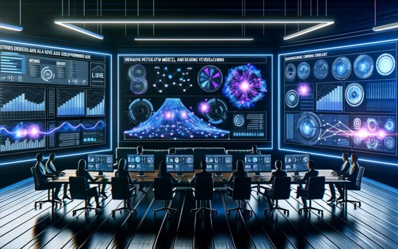 Ein Marketing-Team sitzt an einem langen Tisch im modernen Kontrollraum, umgeben von Monitoren mit Live-Daten-Dashboards, neuronalen Netzwerken und einem zentralen Predictive-Modell. Neonfarbene Linien, fließende Datenströme und ein dezentes Amazon-Logo prägen die Szene.