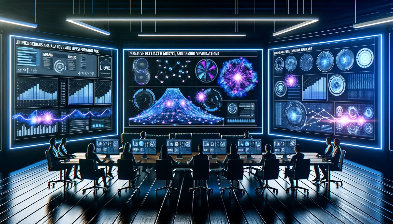 Ein Marketing-Team sitzt an einem langen Tisch im modernen Kontrollraum, umgeben von Monitoren mit Live-Daten-Dashboards, neuronalen Netzwerken und einem zentralen Predictive-Modell. Neonfarbene Linien, fließende Datenströme und ein dezentes Amazon-Logo prägen die Szene.