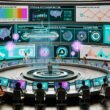 Futuristischer Newsroom 2025 mit diversen Medienprofis an digitalen Bildschirmen, die Nutzeranalysen, Paywall-Strategien und Mitgliedschaftsmodelle zeigen.