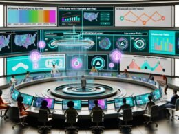 Futuristischer Newsroom 2025 mit diversen Medienprofis an digitalen Bildschirmen, die Nutzeranalysen, Paywall-Strategien und Mitgliedschaftsmodelle zeigen.