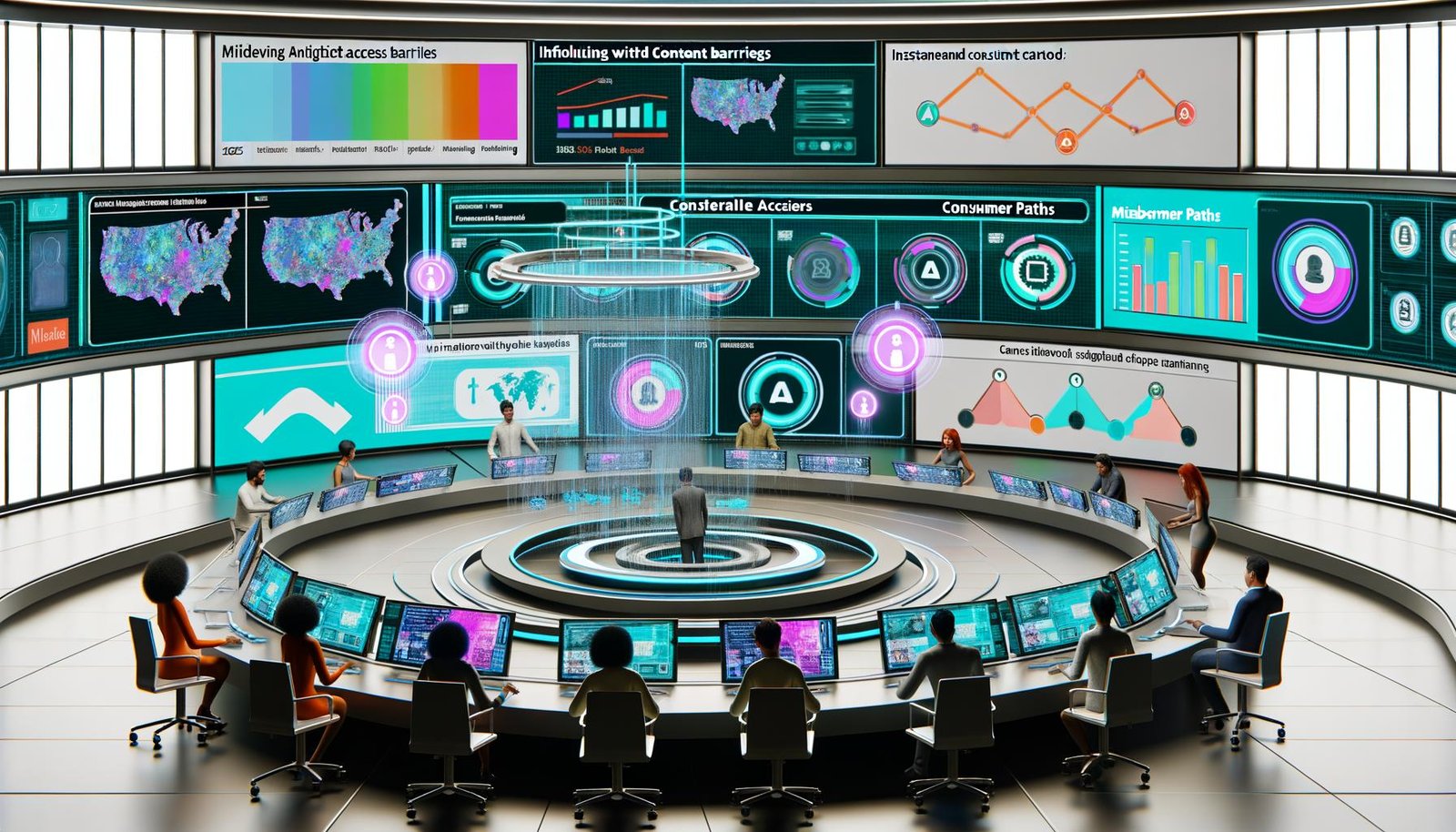 Futuristischer Newsroom 2025 mit diversen Medienprofis an digitalen Bildschirmen, die Nutzeranalysen, Paywall-Strategien und Mitgliedschaftsmodelle zeigen.