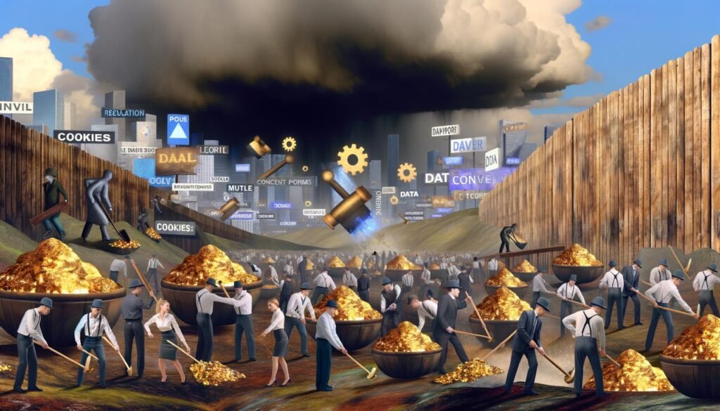 Digitale Wildwest-Szene: Marketer in moderner Kleidung suchen mit Goldrauschwerkzeugen nach Daten zwischen Cookies, Zustimmungsformularen, Datenmakler-Werbung und regulatorischen Wolken.
