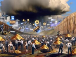 Digitale Wildwest-Szene: Marketer in moderner Kleidung suchen mit Goldrauschwerkzeugen nach Daten zwischen Cookies, Zustimmungsformularen, Datenmakler-Werbung und regulatorischen Wolken.