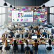 Junges, vielfältiges Redaktionsteam arbeitet gemeinsam an modernen Tischen mit Laptops, bunten Notizen, Analyse-Dashboards und Kaffeebechern in einem lichtdurchfluteten Loft-Office.