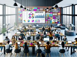 Junges, vielfältiges Redaktionsteam arbeitet gemeinsam an modernen Tischen mit Laptops, bunten Notizen, Analyse-Dashboards und Kaffeebechern in einem lichtdurchfluteten Loft-Office.