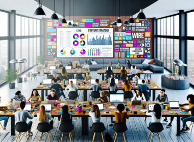 Junges, vielfältiges Redaktionsteam arbeitet gemeinsam an modernen Tischen mit Laptops, bunten Notizen, Analyse-Dashboards und Kaffeebechern in einem lichtdurchfluteten Loft-Office.