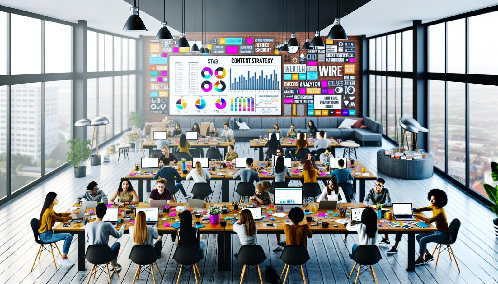 Junges, vielfältiges Redaktionsteam arbeitet gemeinsam an modernen Tischen mit Laptops, bunten Notizen, Analyse-Dashboards und Kaffeebechern in einem lichtdurchfluteten Loft-Office.