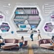 Futuristisches Wohnzimmer mit verschiedenen Menschen, die via VR-Headset in einer digital-gerenderten Shoppingwelt innovative 3D-Produktregale, Werbeschilder und personalisierte Empfehlungen erleben.
