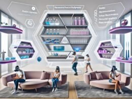 Futuristisches Wohnzimmer mit verschiedenen Menschen, die via VR-Headset in einer digital-gerenderten Shoppingwelt innovative 3D-Produktregale, Werbeschilder und personalisierte Empfehlungen erleben.
