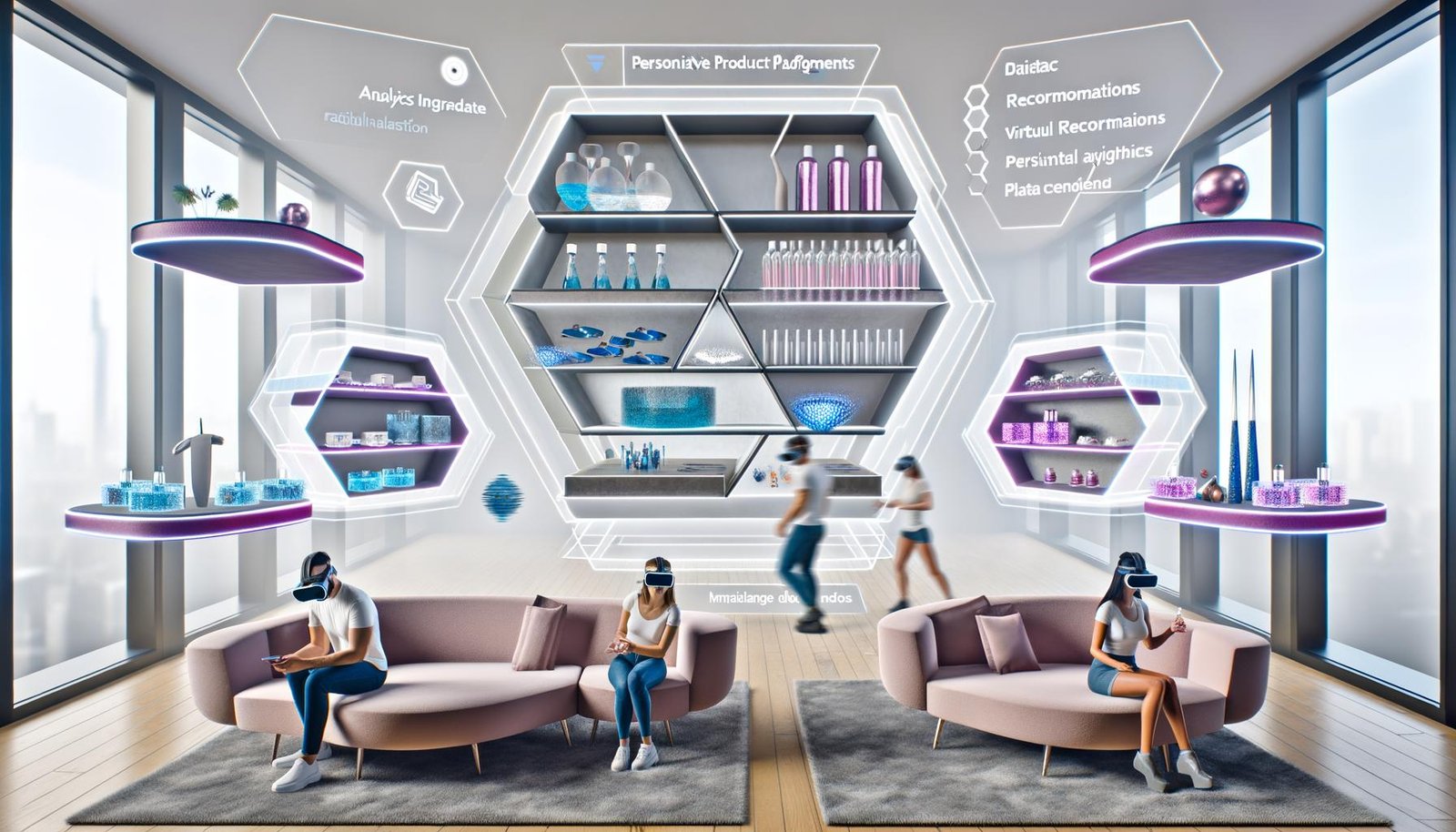 Futuristisches Wohnzimmer mit verschiedenen Menschen, die via VR-Headset in einer digital-gerenderten Shoppingwelt innovative 3D-Produktregale, Werbeschilder und personalisierte Empfehlungen erleben.