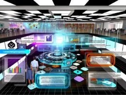 Futuristisches Redaktionsbüro mit Dashboards für Analytik, CRM, Zahlungsintegration und Content-Management, zwei Redakteuren und holografischen Datenflüssen.