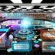 Futuristisches Redaktionsbüro mit Dashboards für Analytik, CRM, Zahlungsintegration und Content-Management, zwei Redakteuren und holografischen Datenflüssen.