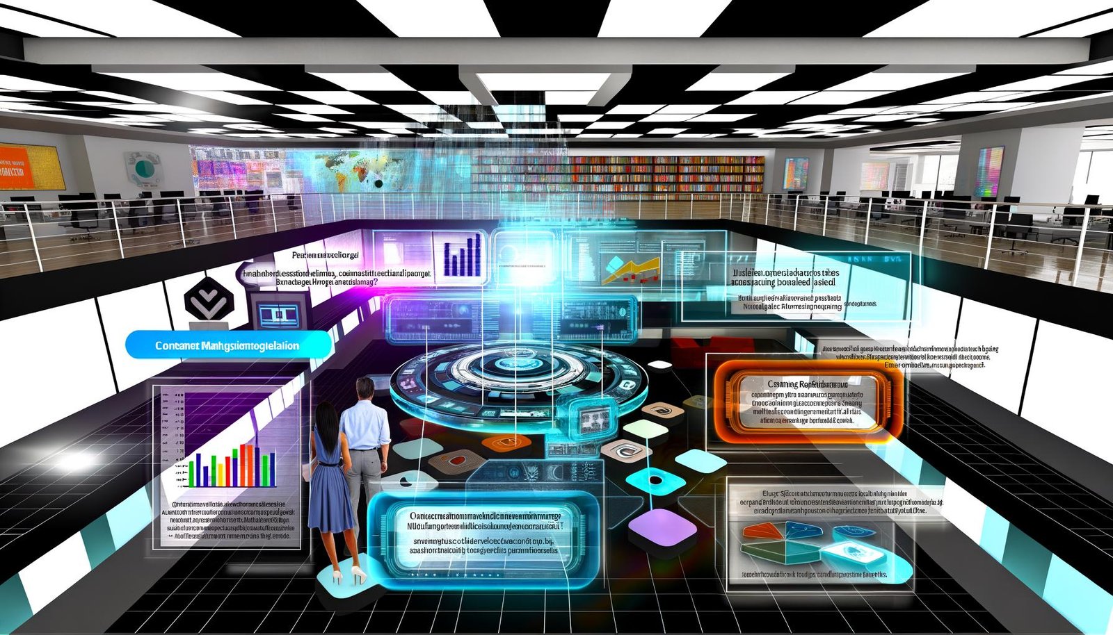 Futuristisches Redaktionsbüro mit Dashboards für Analytik, CRM, Zahlungsintegration und Content-Management, zwei Redakteuren und holografischen Datenflüssen.