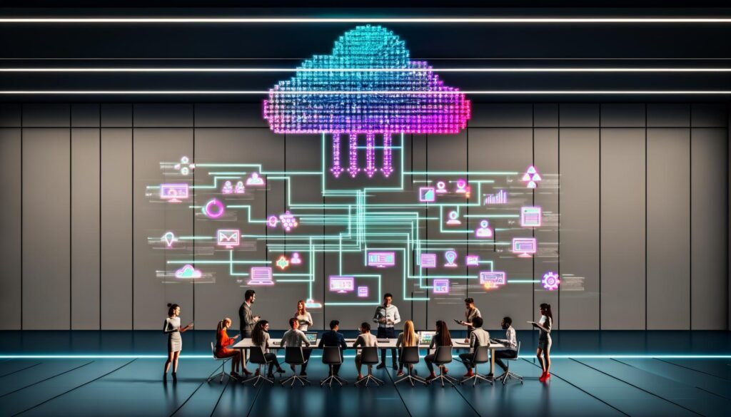 Team von Marketing- und Datenexperten arbeitet in einem modernen Büro an einem großen digitalen Dashboard, das ein leuchtendes Marketing Daten Framework zeigt, umgeben von Laptops, Tablets und verbundenen Datenquellen.