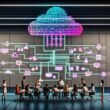 Team von Marketing- und Datenexperten arbeitet in einem modernen Büro an einem großen digitalen Dashboard, das ein leuchtendes Marketing Daten Framework zeigt, umgeben von Laptops, Tablets und verbundenen Datenquellen.