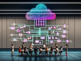 Team von Marketing- und Datenexperten arbeitet in einem modernen Büro an einem großen digitalen Dashboard, das ein leuchtendes Marketing Daten Framework zeigt, umgeben von Laptops, Tablets und verbundenen Datenquellen.