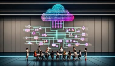 Team von Marketing- und Datenexperten arbeitet in einem modernen Büro an einem großen digitalen Dashboard, das ein leuchtendes Marketing Daten Framework zeigt, umgeben von Laptops, Tablets und verbundenen Datenquellen.