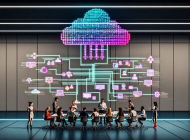 Team von Marketing- und Datenexperten arbeitet in einem modernen Büro an einem großen digitalen Dashboard, das ein leuchtendes Marketing Daten Framework zeigt, umgeben von Laptops, Tablets und verbundenen Datenquellen.