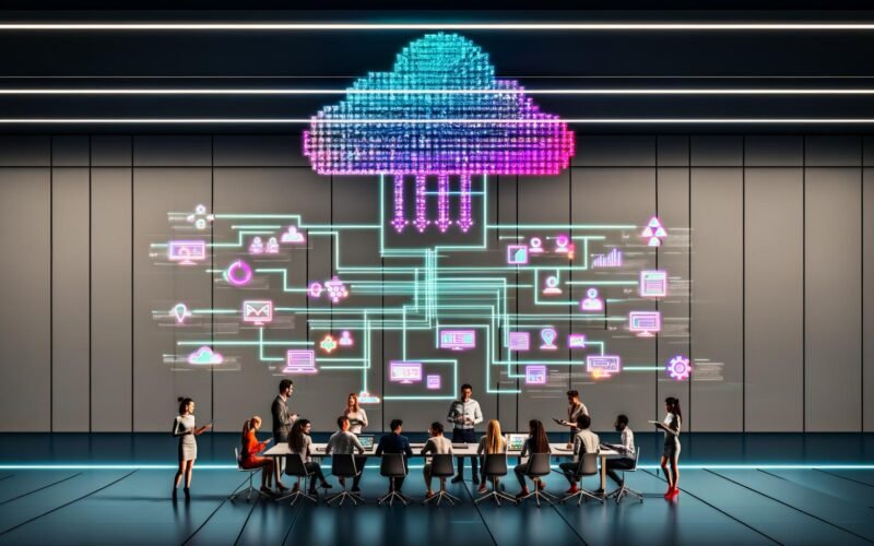 Team von Marketing- und Datenexperten arbeitet in einem modernen Büro an einem großen digitalen Dashboard, das ein leuchtendes Marketing Daten Framework zeigt, umgeben von Laptops, Tablets und verbundenen Datenquellen.