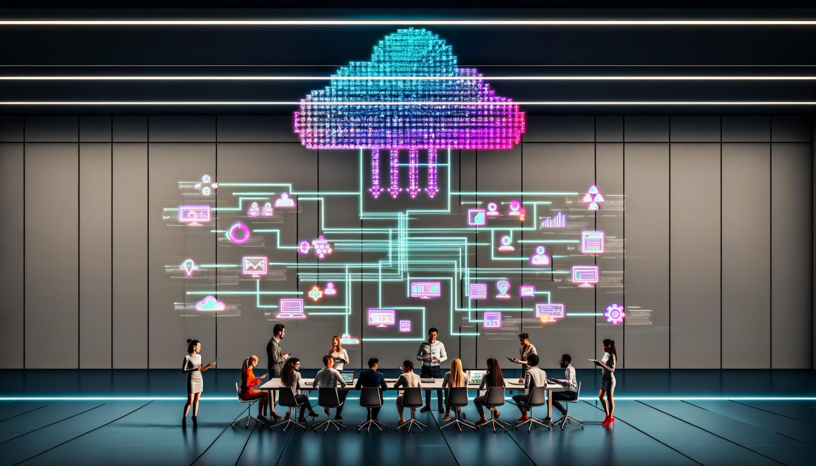 Team von Marketing- und Datenexperten arbeitet in einem modernen Büro an einem großen digitalen Dashboard, das ein leuchtendes Marketing Daten Framework zeigt, umgeben von Laptops, Tablets und verbundenen Datenquellen.
