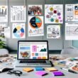 Moderner Schreibtisch mit offenem Laptop zeigt Redaktionsplan, KPI-Charts, visuelle Storyboards und Content-Cluster-Maps, umgeben von Moodboards, SEO-Tool-Screenshots, bunten Post-its und Branding-Entwürfen, im Hintergrund Glaswand mit Skizzen zur Customer Journey.