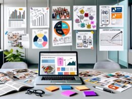 Moderner Schreibtisch mit offenem Laptop zeigt Redaktionsplan, KPI-Charts, visuelle Storyboards und Content-Cluster-Maps, umgeben von Moodboards, SEO-Tool-Screenshots, bunten Post-its und Branding-Entwürfen, im Hintergrund Glaswand mit Skizzen zur Customer Journey.