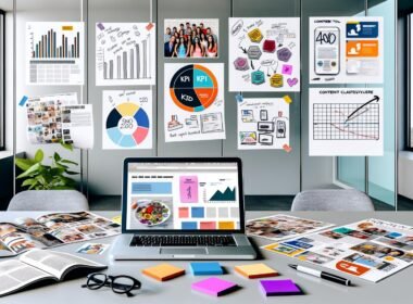 Moderner Schreibtisch mit offenem Laptop zeigt Redaktionsplan, KPI-Charts, visuelle Storyboards und Content-Cluster-Maps, umgeben von Moodboards, SEO-Tool-Screenshots, bunten Post-its und Branding-Entwürfen, im Hintergrund Glaswand mit Skizzen zur Customer Journey.