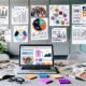 Moderner Schreibtisch mit offenem Laptop zeigt Redaktionsplan, KPI-Charts, visuelle Storyboards und Content-Cluster-Maps, umgeben von Moodboards, SEO-Tool-Screenshots, bunten Post-its und Branding-Entwürfen, im Hintergrund Glaswand mit Skizzen zur Customer Journey.